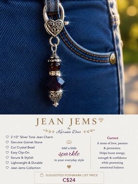 Garnet Genuine Stone & Silver-Tone Jean Charm on Blue Jeans